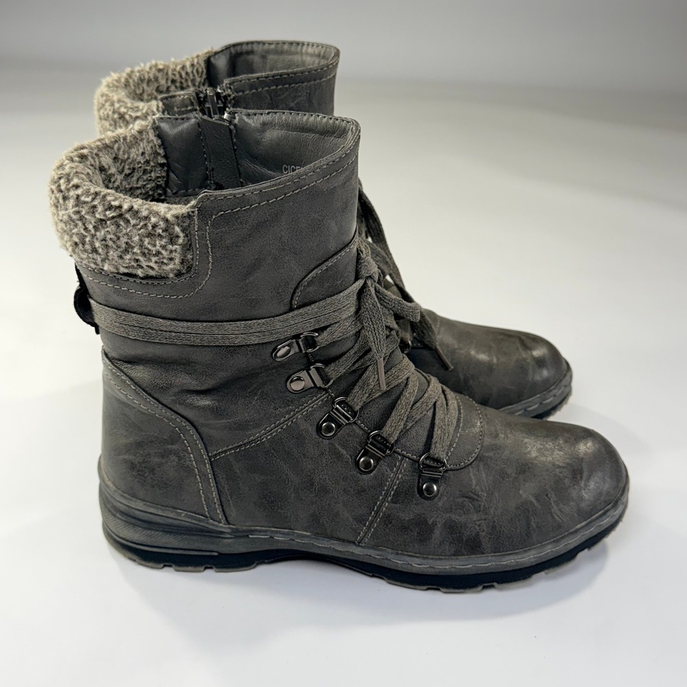 Patrizia Cicely Combat Boot Womens 40/9 Grey Faux Fur Trim Lace Up Side Zip Moto